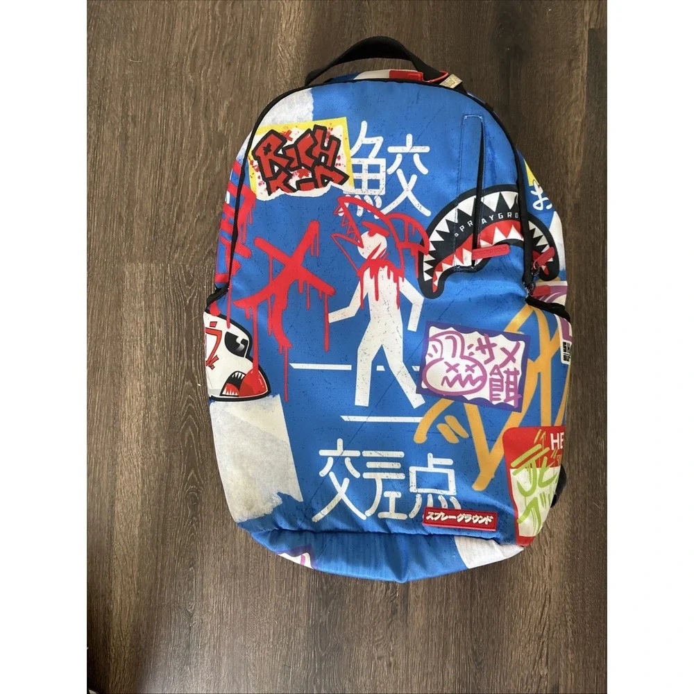 Sprayground Japanese Street Sign Backpack Limited Edition Blue Graffiti Shark